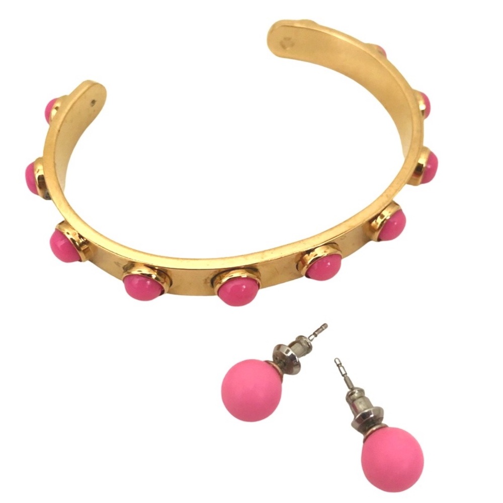 Kate Spade Pink Cabochon Tag Along Gold Tone Cuff Bracelet
